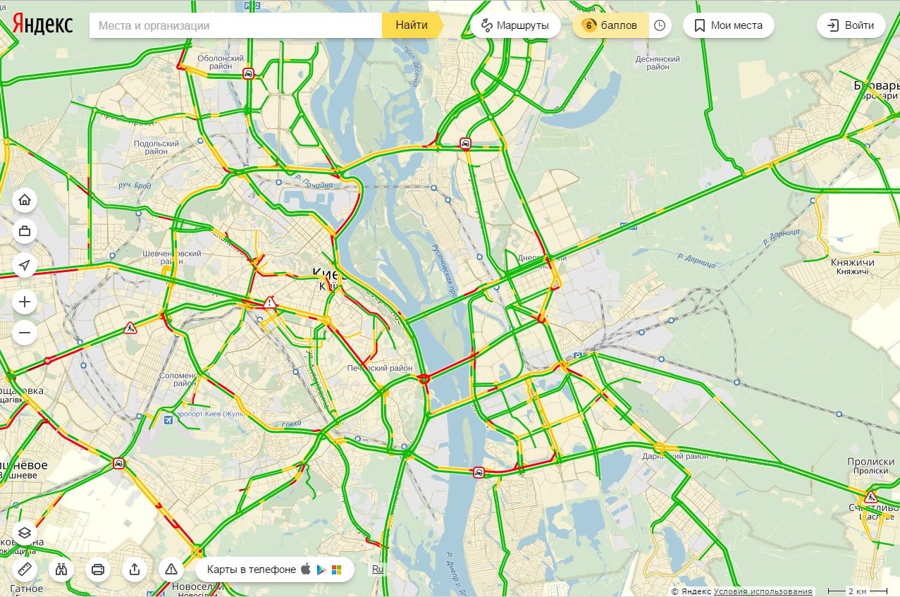 Затори у Києві досягли 6 балів